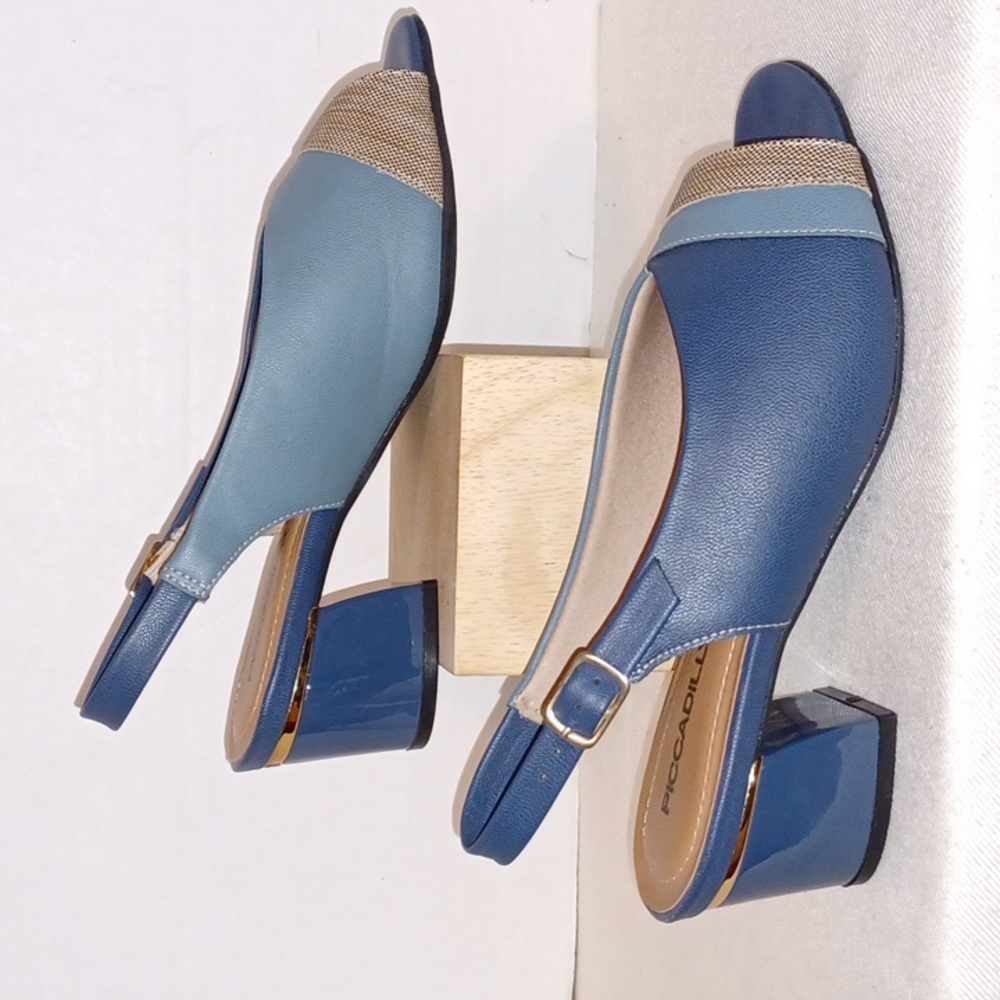 PICCADILLY Women's  Blue/Beige Open Toe Faux Leather Shoes. Size 7